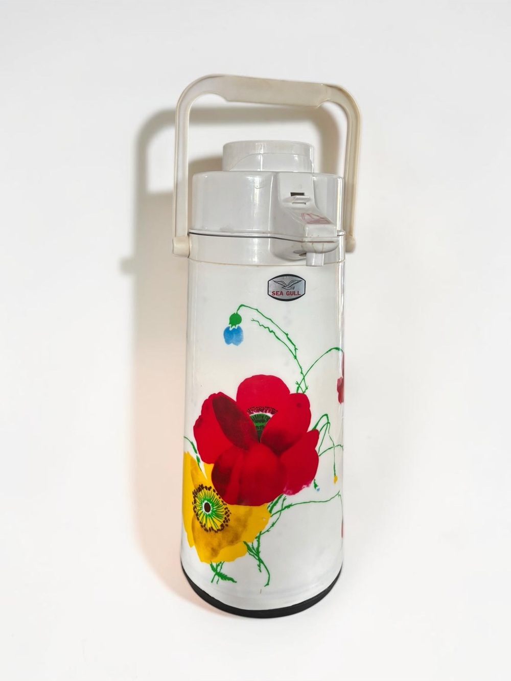 Vintage Sea Gull Floral Airpot Thermos 2QT 1970s Poppy Pump Dispenser